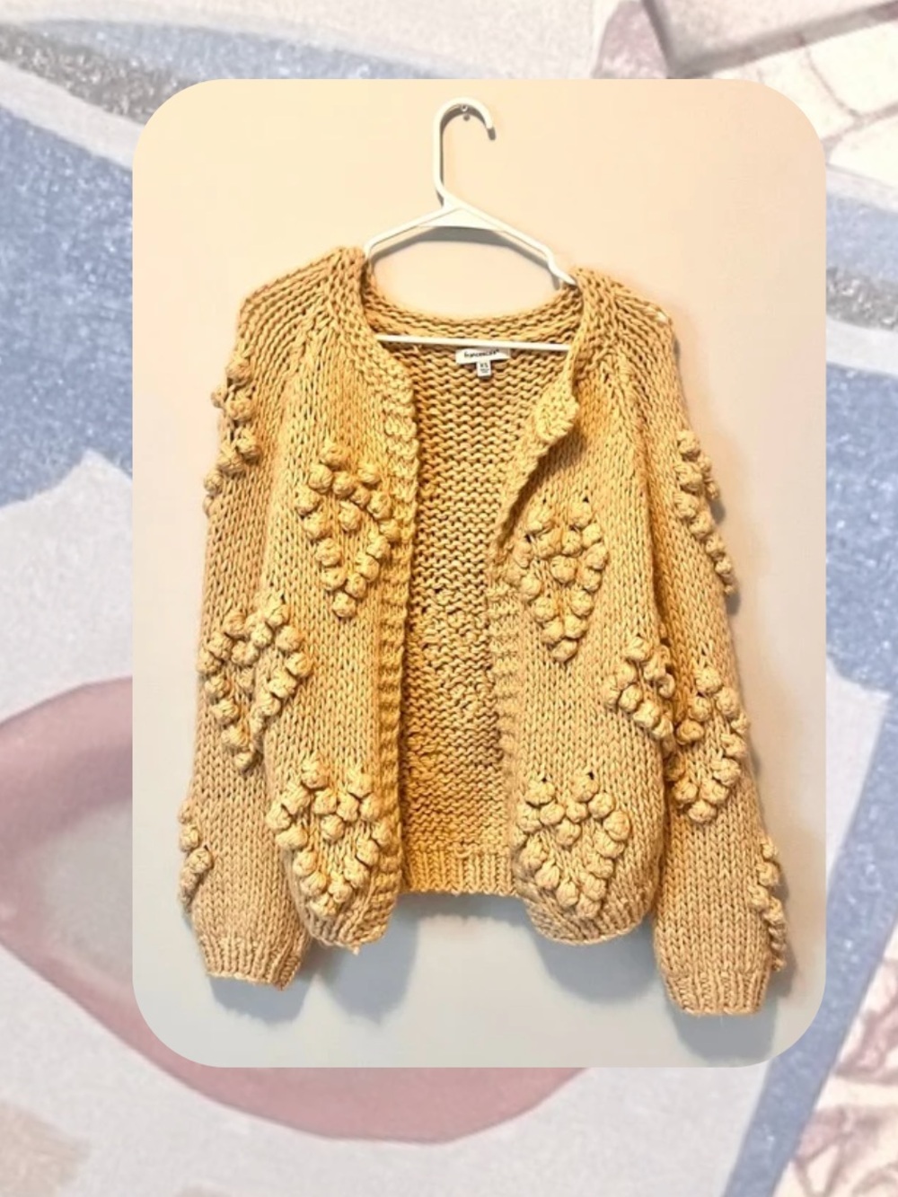 Francesca’s Beige Yellow Chunky Pom-Pom Knit Open Cardigan Sweater